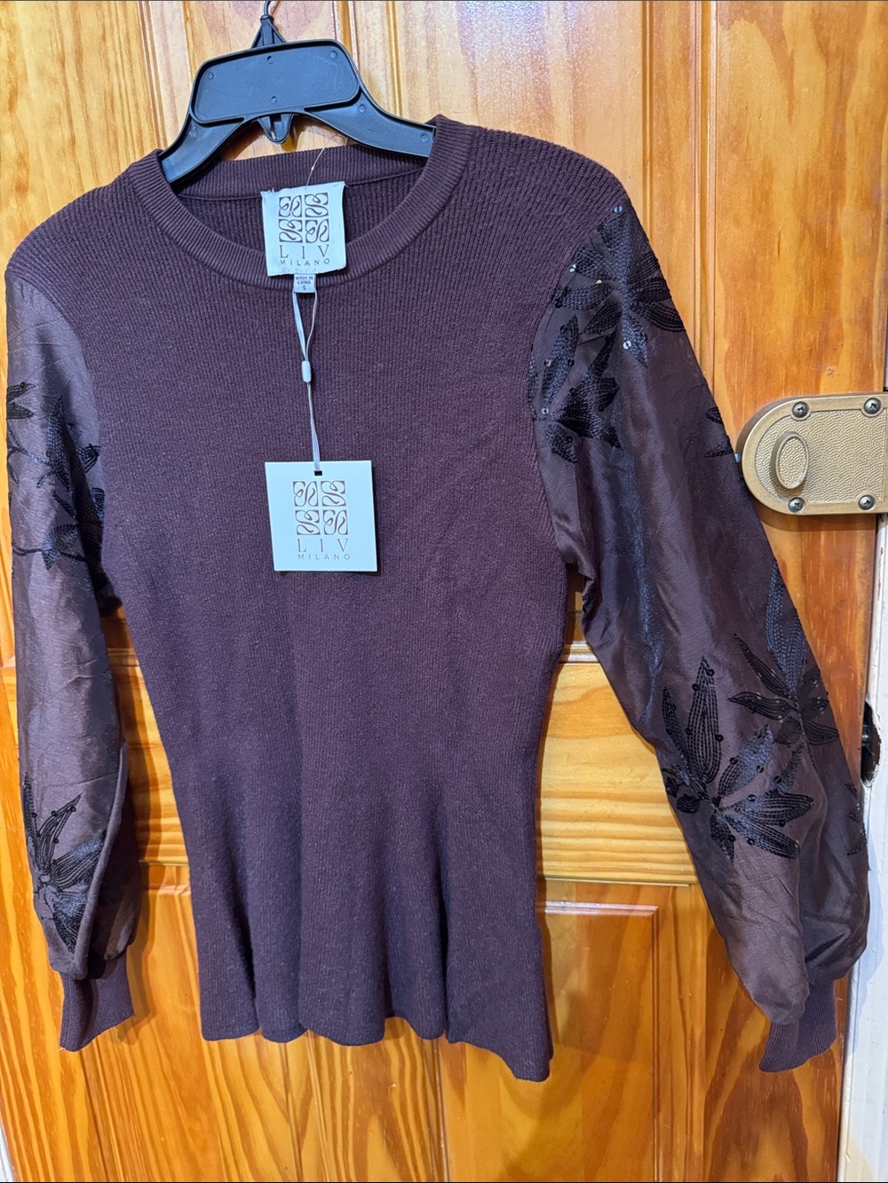 Milano Brown Knit Sweater with Sheer Embroidered Sleeves